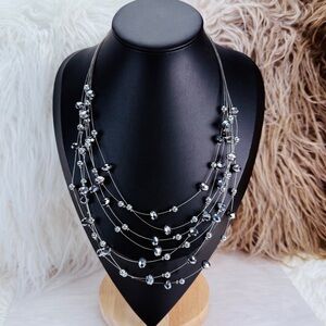 Elegant Silvertone Beaded multi strand Metallic Silver Gray Beaded Necklace